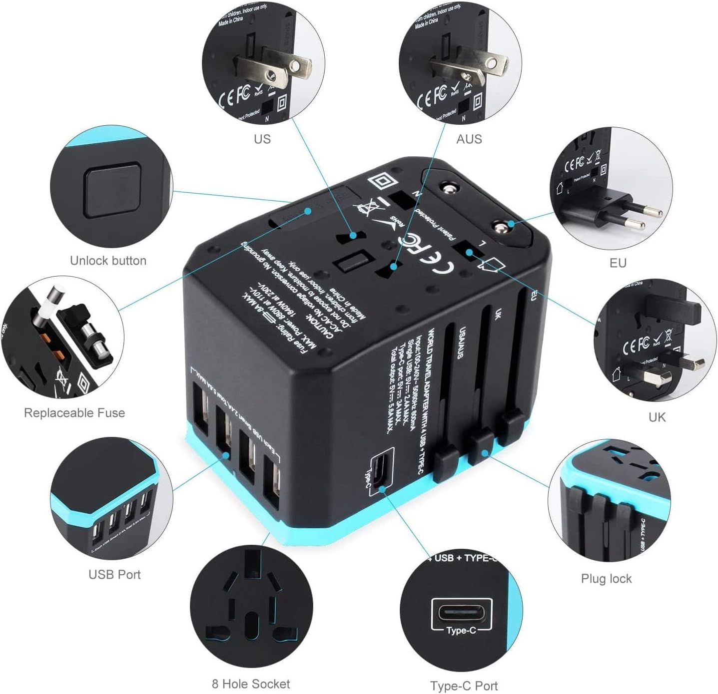 Travel Adapter Worldwide for 224+ Countries